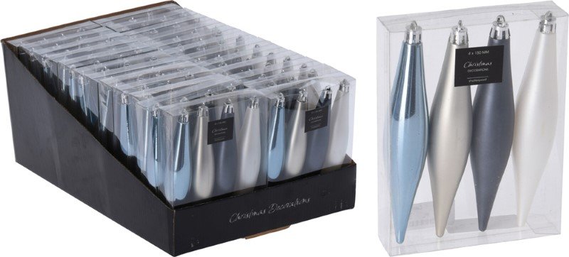 Eglutės žaisliukų rinkinys, varveklio formos 4 vnt., melsvos sp., ilgis 15 cm