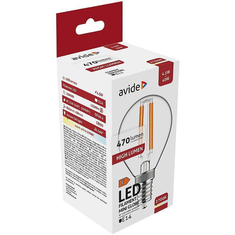 LED lemputė AVIDE, 4.5W (=40W), E14, G45 burbuliukas, WW, 2700K, 220-240V, 470 lm, 15.000 val., filamentinė