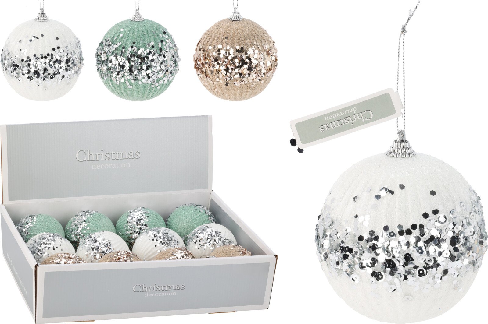 Eglutės žaisliukas, 3 skirtingos sp., su sidabro blizgučiais šonuose, skersmuo 10 cm