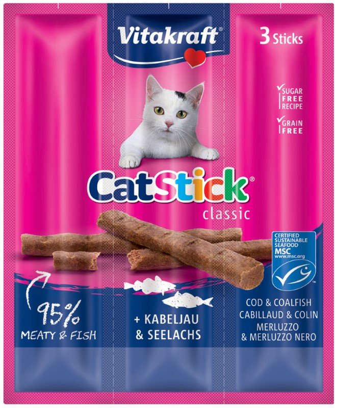 Skanėstas katėms VITAKRAFT Cat-Stick Mini, kačių pagaliukai su menke ir tunu, 3vnt