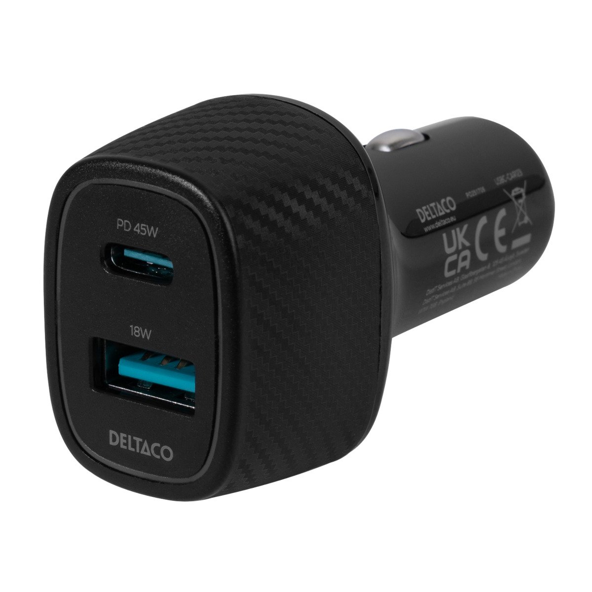 Automobilinis įkroviklis DELTACO USBC-CAR123, 1x USB-A 18 W, 1x USB-C 45 W, juodos sp.
