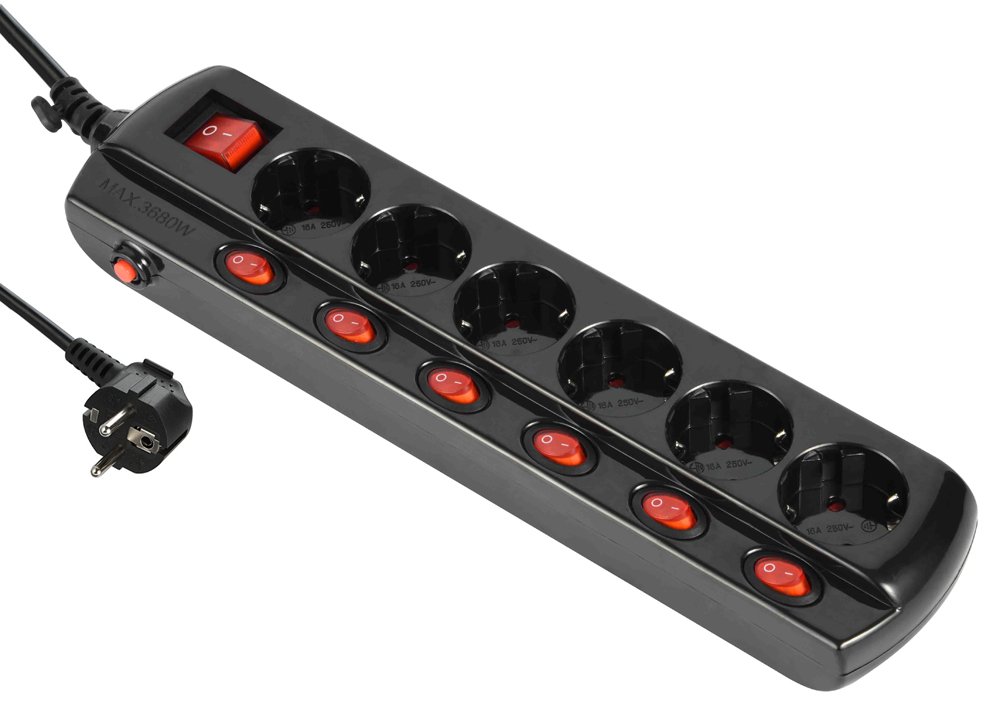 Ilgiklis ELECTRALINE Multisocket Multiswitch, 6 lizd., 1,5m, su įž., su 7 jungikliais, 3x1, juodos sp., 62517