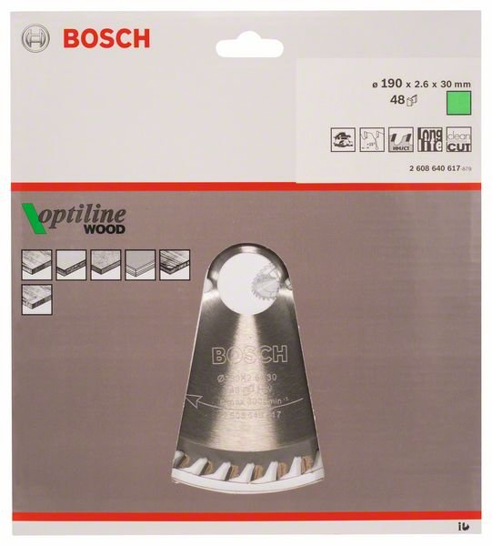 Medienos pjovimo diskas BOSCH Optiline Wood, 190 x 30 x 2,6 mm, 48