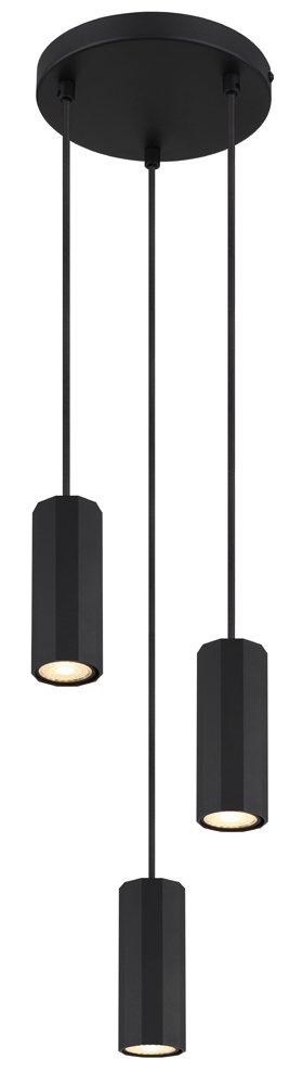 Pakabinamas šviestuvas GLOBO James, GU10, 3 x 25W, 230V, matinis juodas metalas, PVC juodas laidas, reguliuojamas aukštis, 210 x 1200 mm