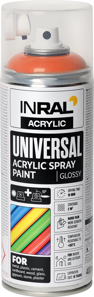Aerozoliniai dažai INRAL ACRYLIC UNIVERSAL, 400 ml, visiškai oranžinė, blizgi, RAL2004