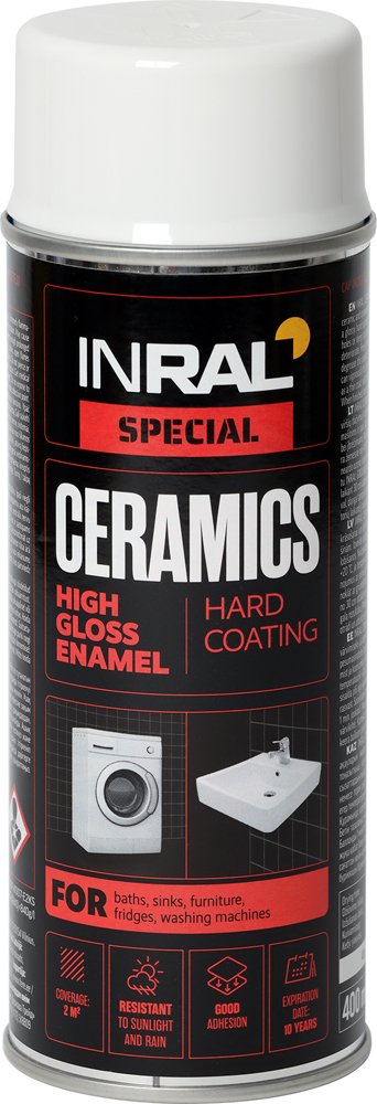 Aerozoliniai dažai INRAL Ceramics, 400 ml, blizgiems paviršiams, balti blizgūs, RAL9003