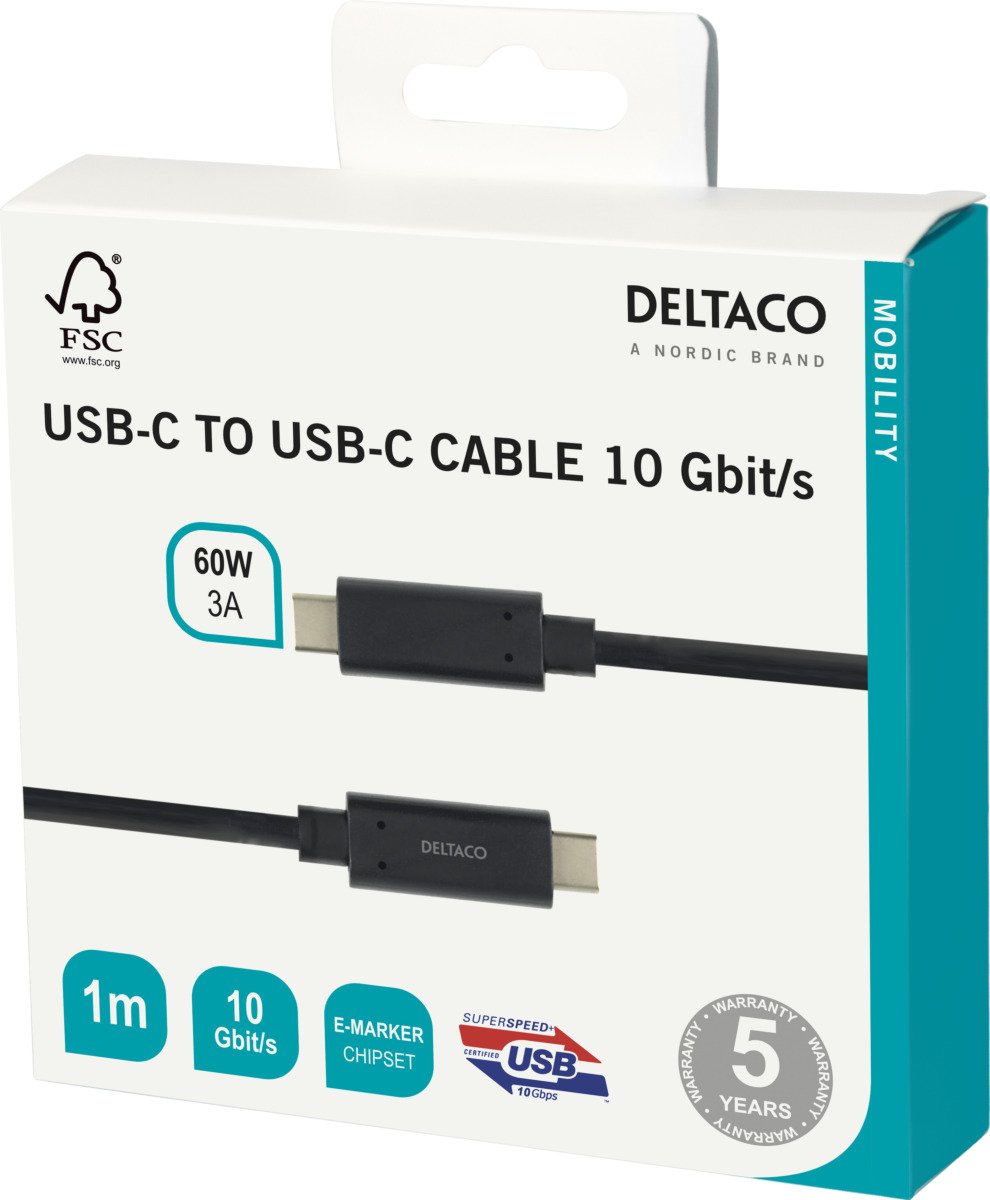 Įkrovimo laidas DELTACO USBC-1122M, 60 W, 3 A, USB Type C, 1 m, 10 Gbit/s, juodos sp.