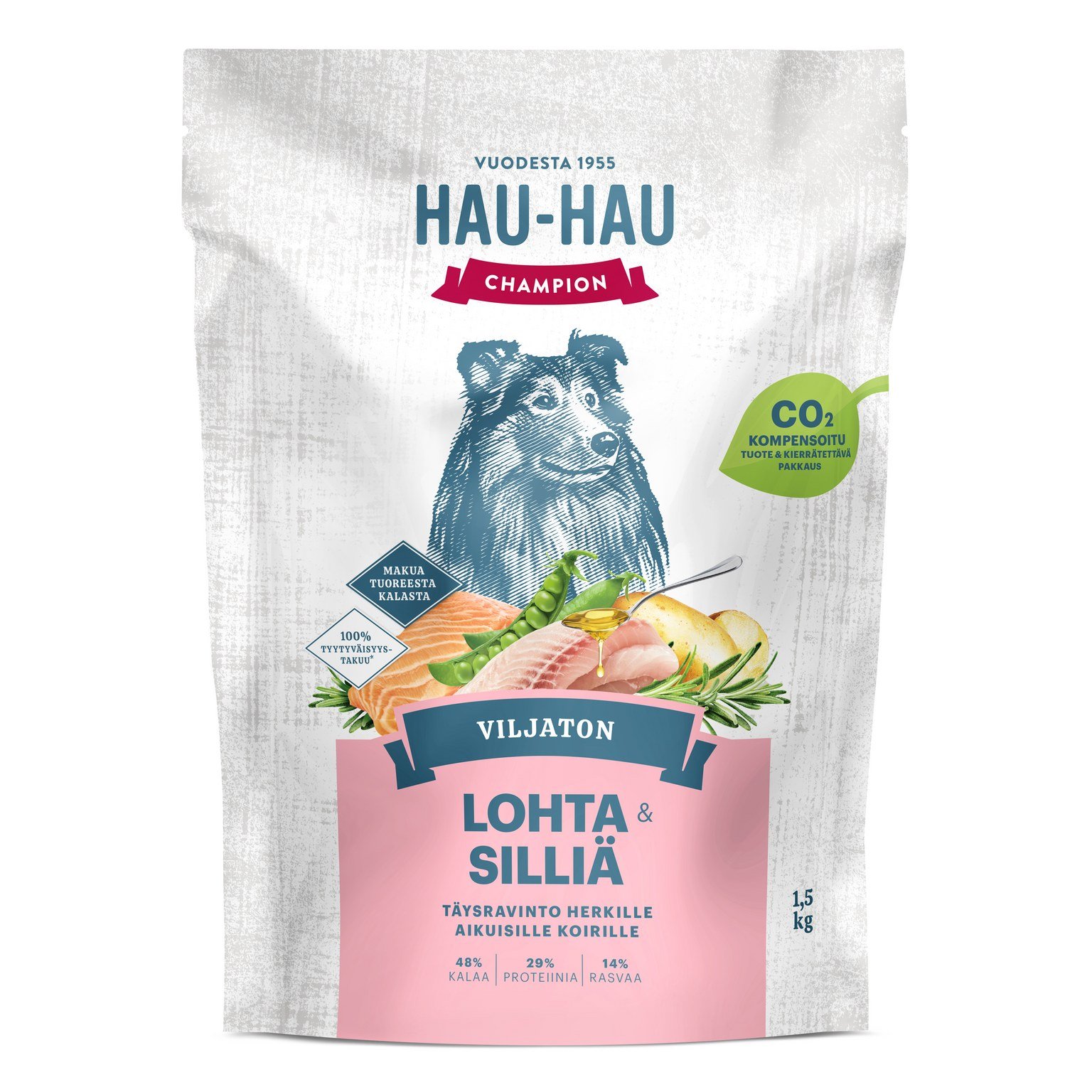 Sausas šunų ėdalas HAU-HAU CHAMPION, be grūdų, su lašiša ir silkė, visiems suaugusiems šunims 1,5kg