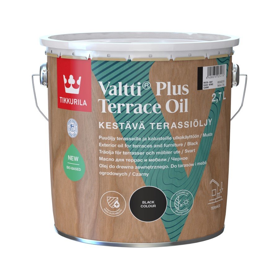 Aliejus terasoms ir lauko baldams TIKKURILA, Valtti Plus Terrace Oil , juodas, 2,7 l, vandens pagrindu