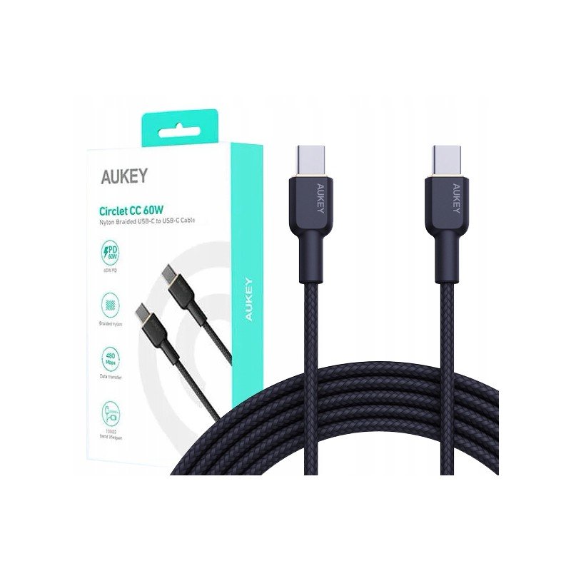 Įkrovimo laidas AUKEY, USB-C į USB-C, pintas kabelis, ilgis 1m, 60W/480Mbps, juodos sp., EU001-LLTSN1039889