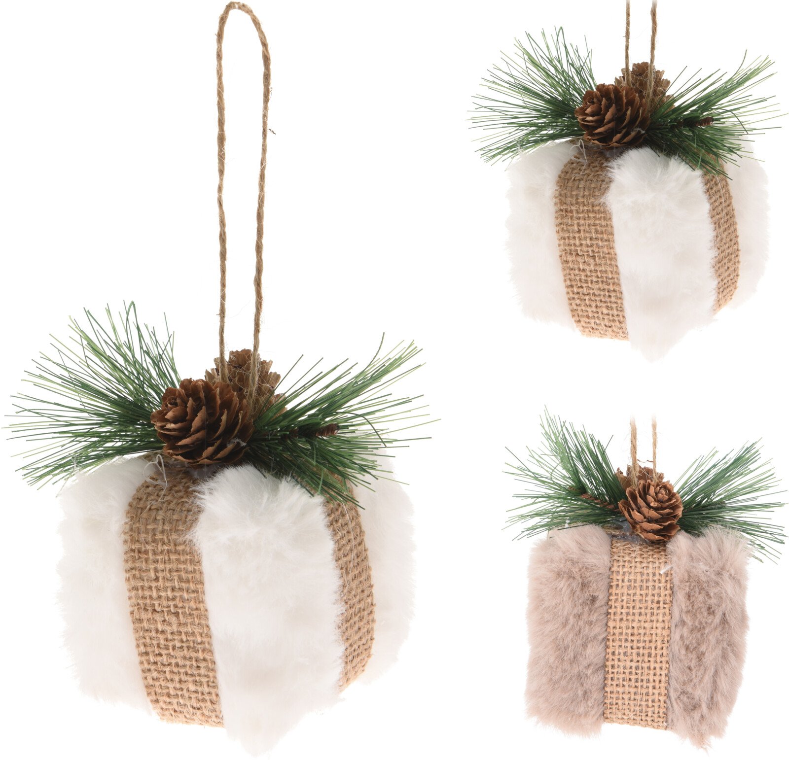 Eglutės žaisliukas Dovanėlė, su kaspinu ir kankorėžiais, 2 skirtingos spalvos, 6 x 6 x 6 cm