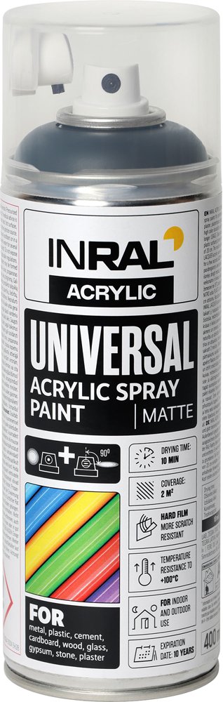 Aerozoliniai dažai INRAL ACRYLIC UNIVERSAL, 400 ml, tamsiai juoda, matinė, RAL9005