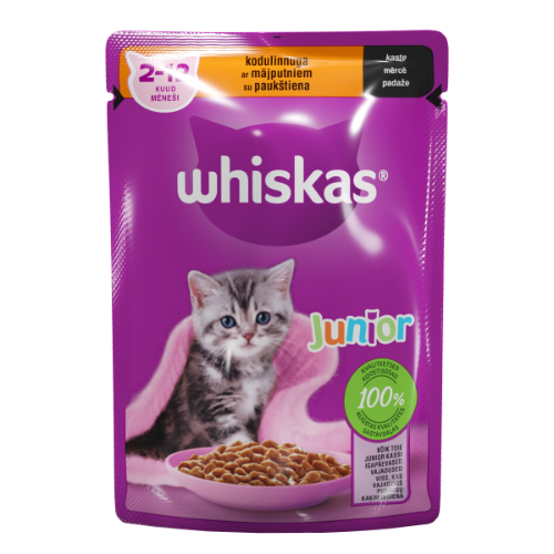 Konservuotas ėdalas kačiukams WHISKAS Junior, su paukštiena, 85 g
