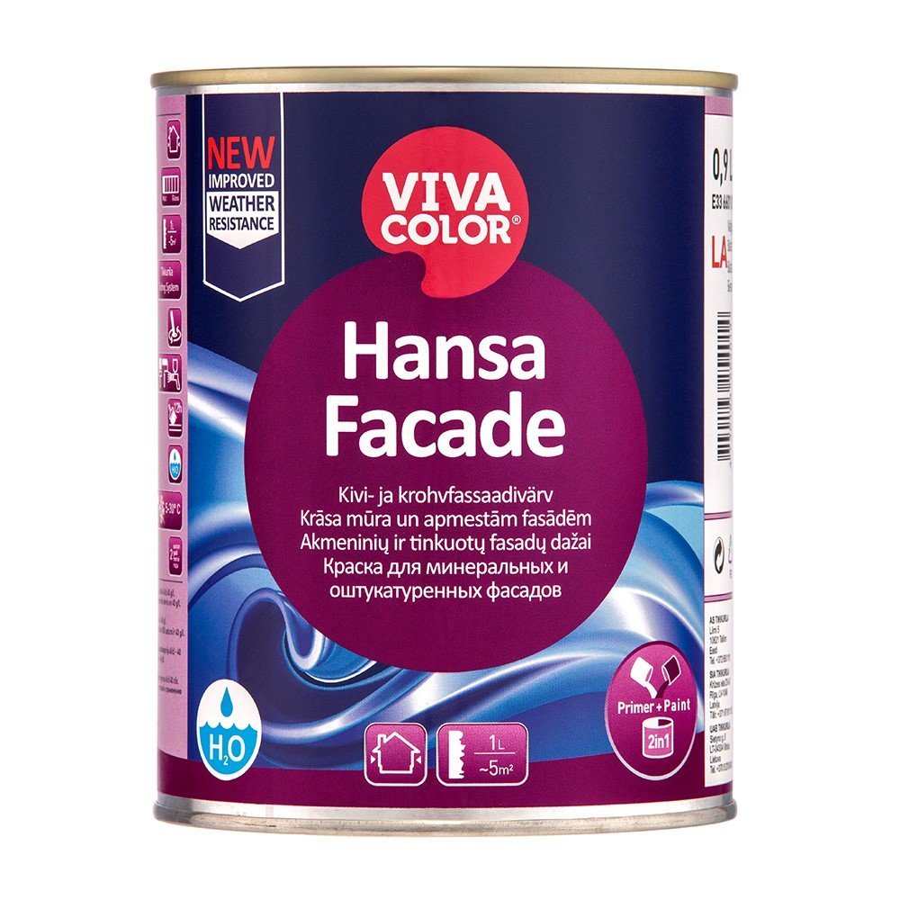 Mineralinių fasadų dažai VIVACOLOR Hansa Facade, 0,9 l, LA bazė, balti, visiškai matiniai