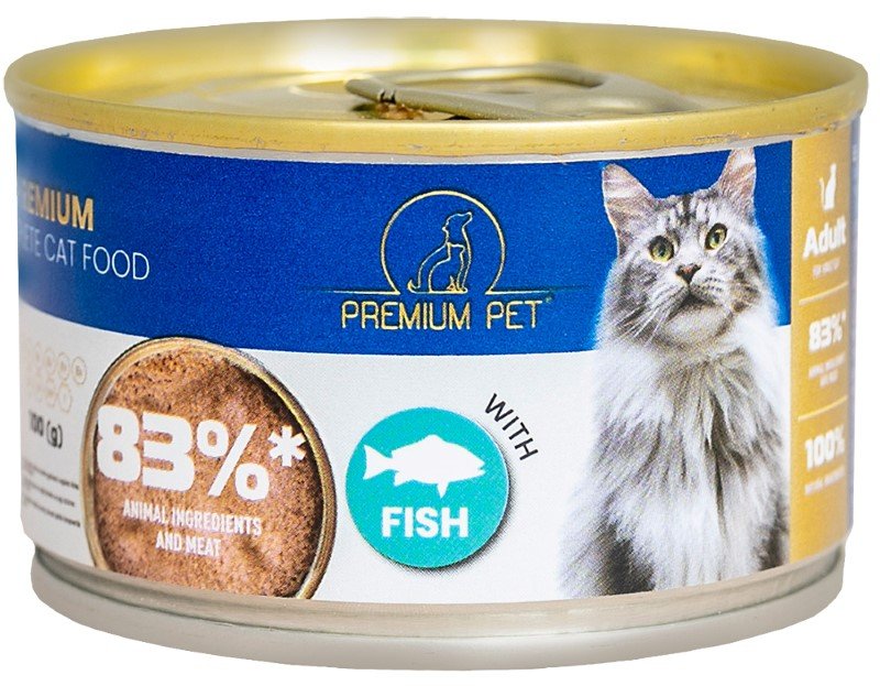 Konservuotas kačių ėdalas PREMIUM PET, mėsos paštetas su žuvimi, 100g