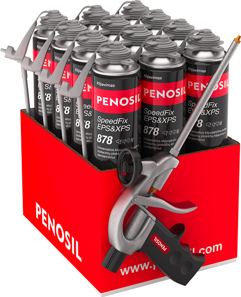 Klijuojančios putos PENOSIL Speedfix Eps&Xps 878, 750 ml x 12 vnt. + pistoletas putoms C1, universalios