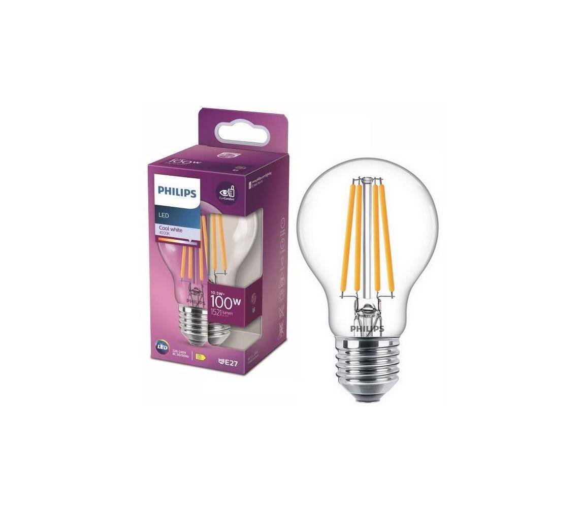 Filamentinė LED lemputė PHILIPS Classic, 10,5W (=100W), 1521lm, 4000K, E27, A60