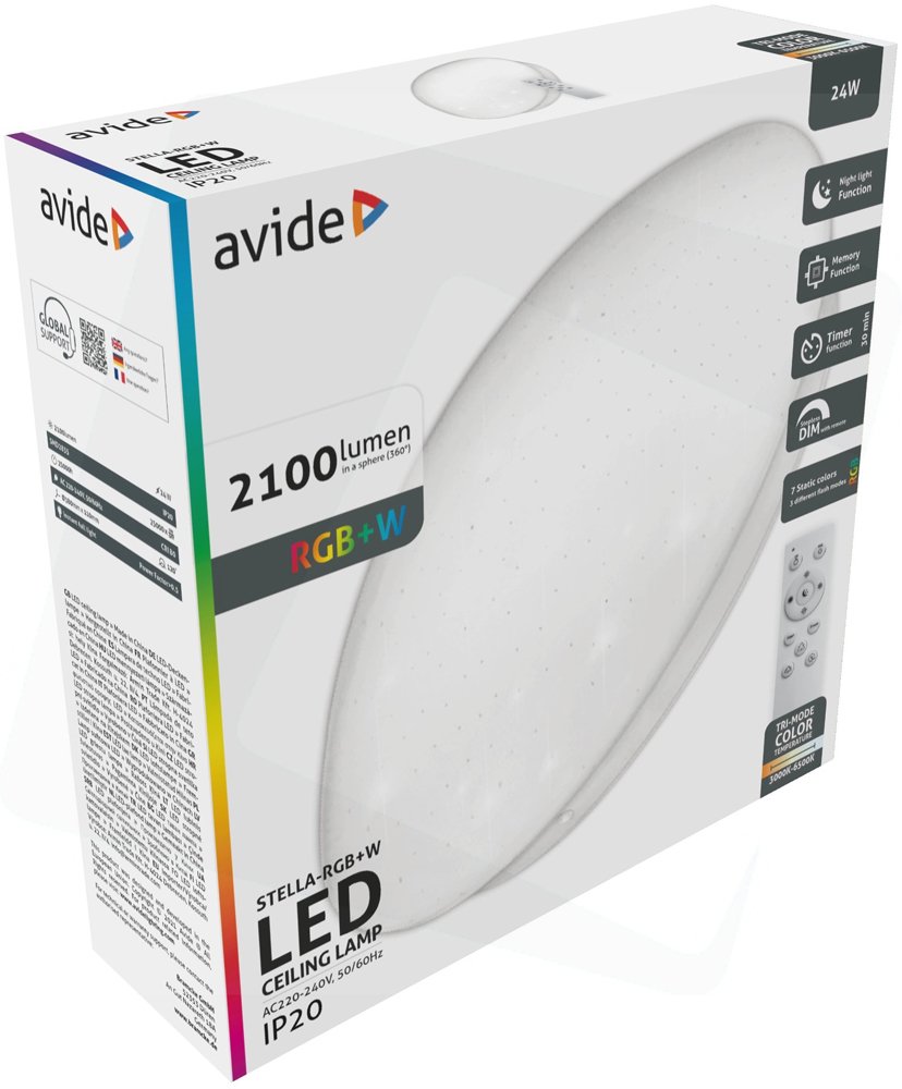 Lubinis LED šviestuvas AVIDE Oyster Stella At-3244 Rgb+W, 24 W, 220-240 V, 2100 lm, RGB+W keičia spalvas, IP20, su pultu, dimeriuojamas, 380 x 70 mm