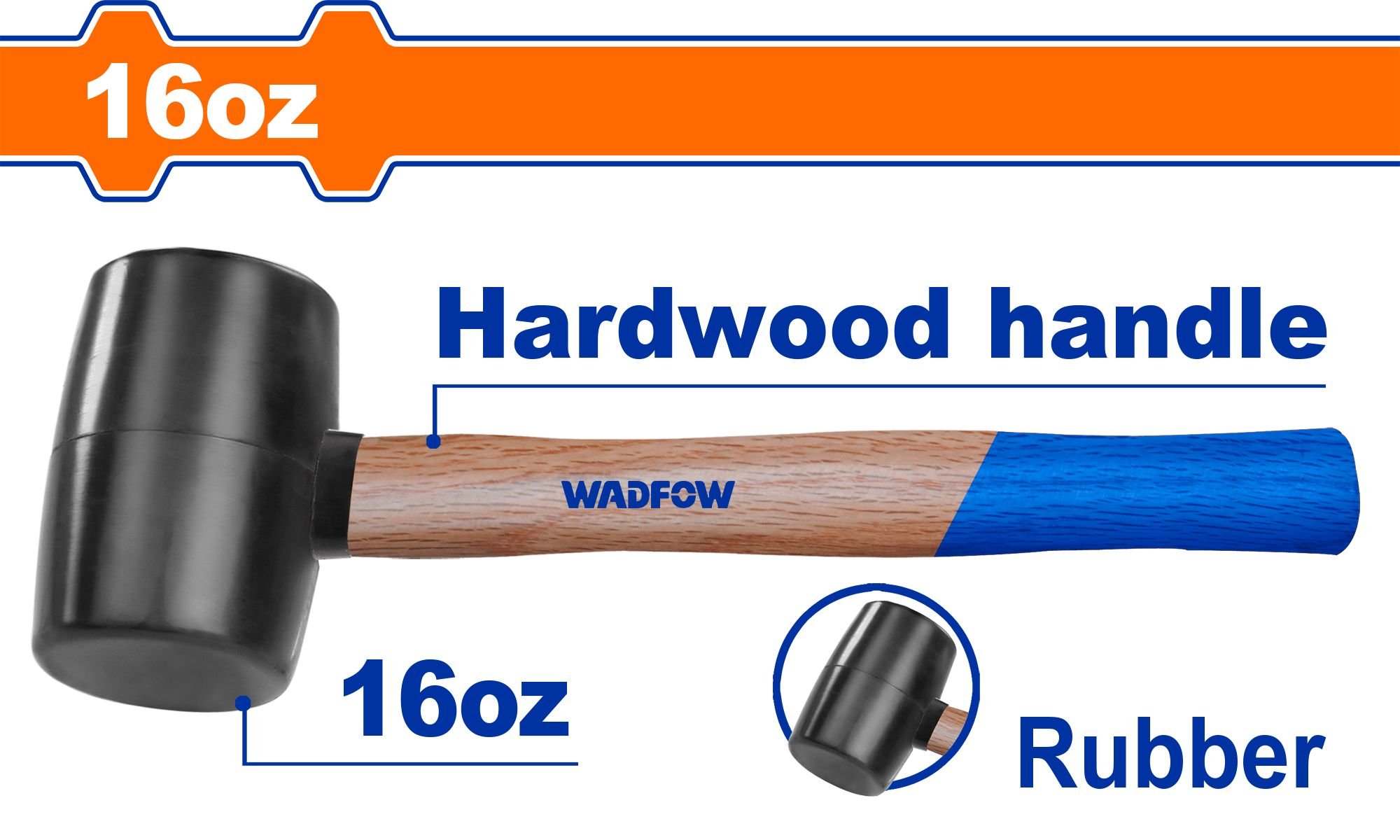 Guminis plaktukas WADFOW, kietmedžio rankena, 0,45 kg, spl. juoda, WMB7302