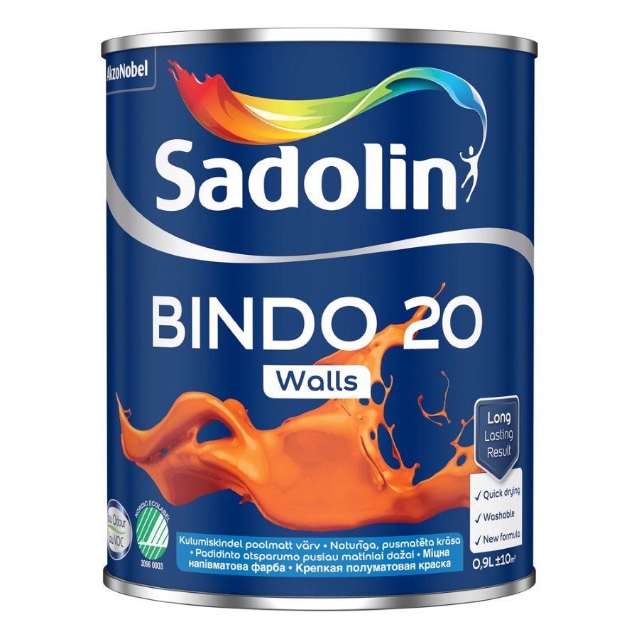 Vandeniniai vidaus dažai SADOLIN Bindo 20, 0,9 l, BW bazė, balti, pusiau matiniai, plaunami