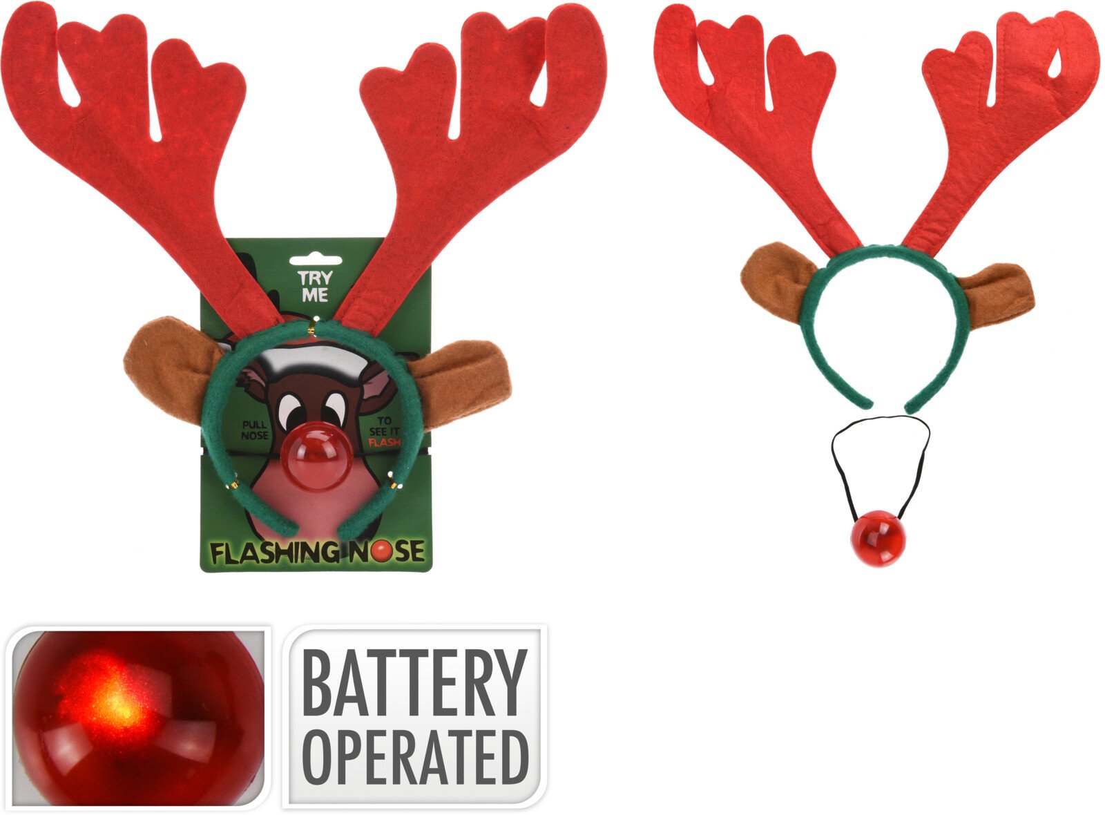 Galvos aksesuaras, su elnio ragais ir šviečiančia nosimi, su baterijomis