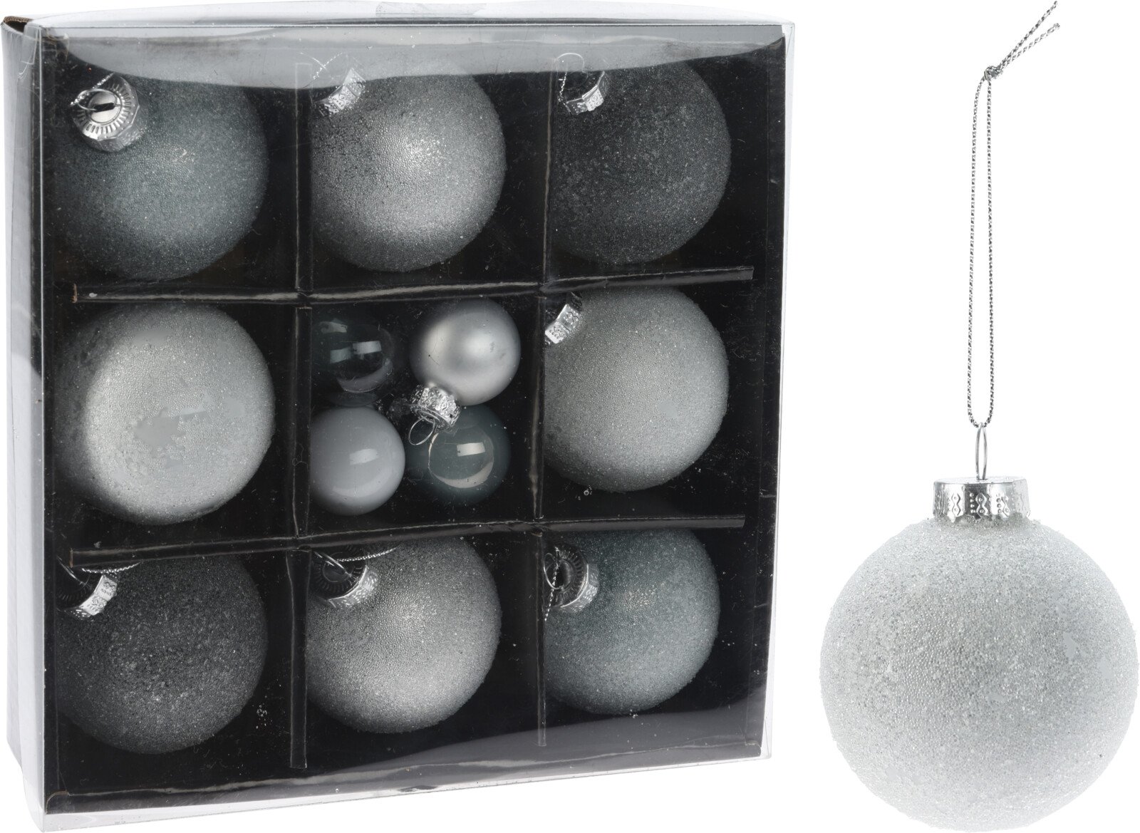 Eglutės žaisliukų rinkinys, 16 vnt., baltos ir melsvos sp., su karoliukais, skersmuo 3-6 cm