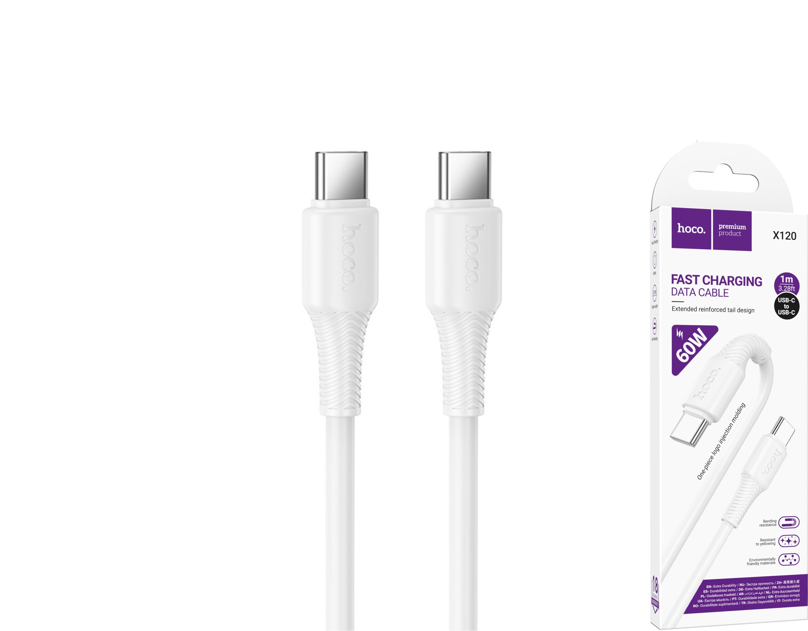 Įkrovimo laidas HOCO 120, Type C - Type C, palaikomas įkrovimas iki 60W, laido ilgis 1m, baltos sp.