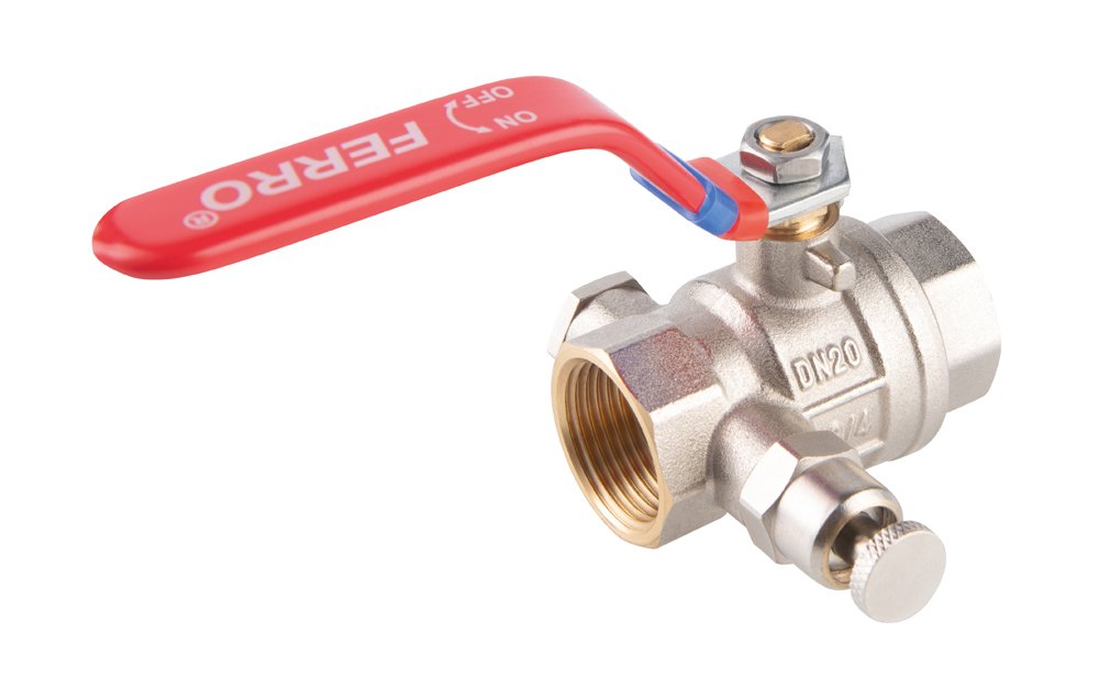 Pilno pralaidumo rutulinis ventilis FERRO Power, su drenažu, ilga rankena, vidus-vidus, 3/4 "