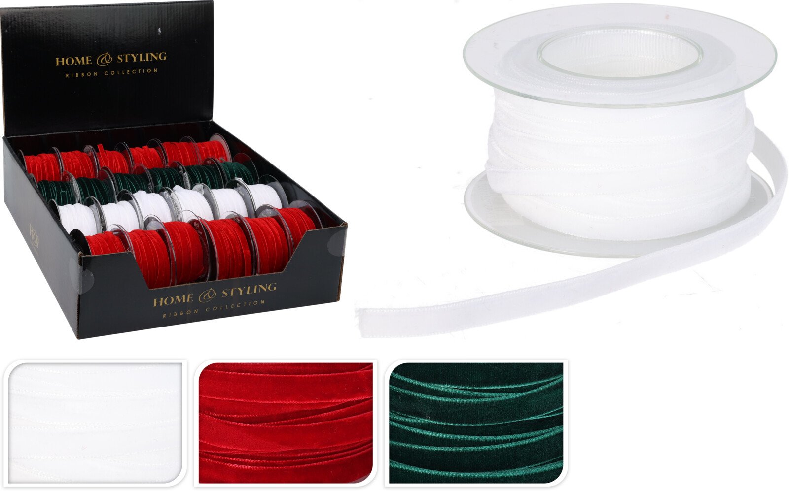 Juostelė dovanų pakavimui, velvetinė, 3 skirtingų sp., 6 mm x 10 m