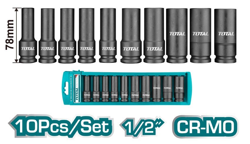 Prailgintų smūginių galvučių rinkinys TOTAL CrMo, 1/2", 10-24mm, 10 vnt., THKISD12102L