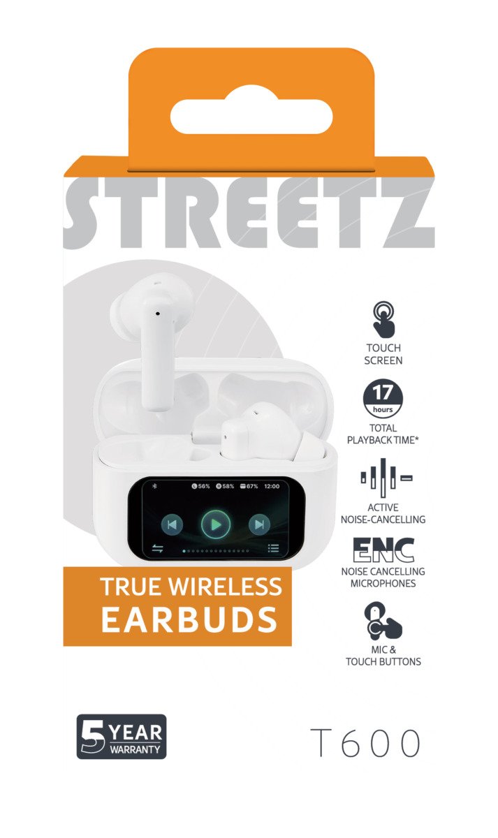 Įkraunamos belaidės ausinės STREETZ T600 TWS, su LCD ekranu, ANC ir ENC, baltos sp.