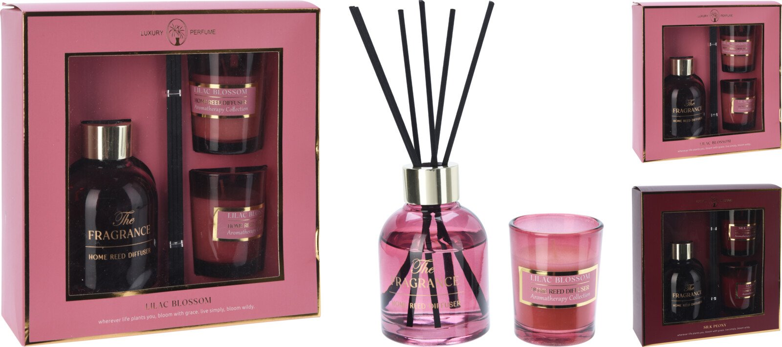 Namų kvapo ir žvakių rinkinys, 4 dalių: namų kvapas, lazdelės, 2 kvapnios žvakės, 2 kvapai: šilkinis bijūnas/alyvų žiedai