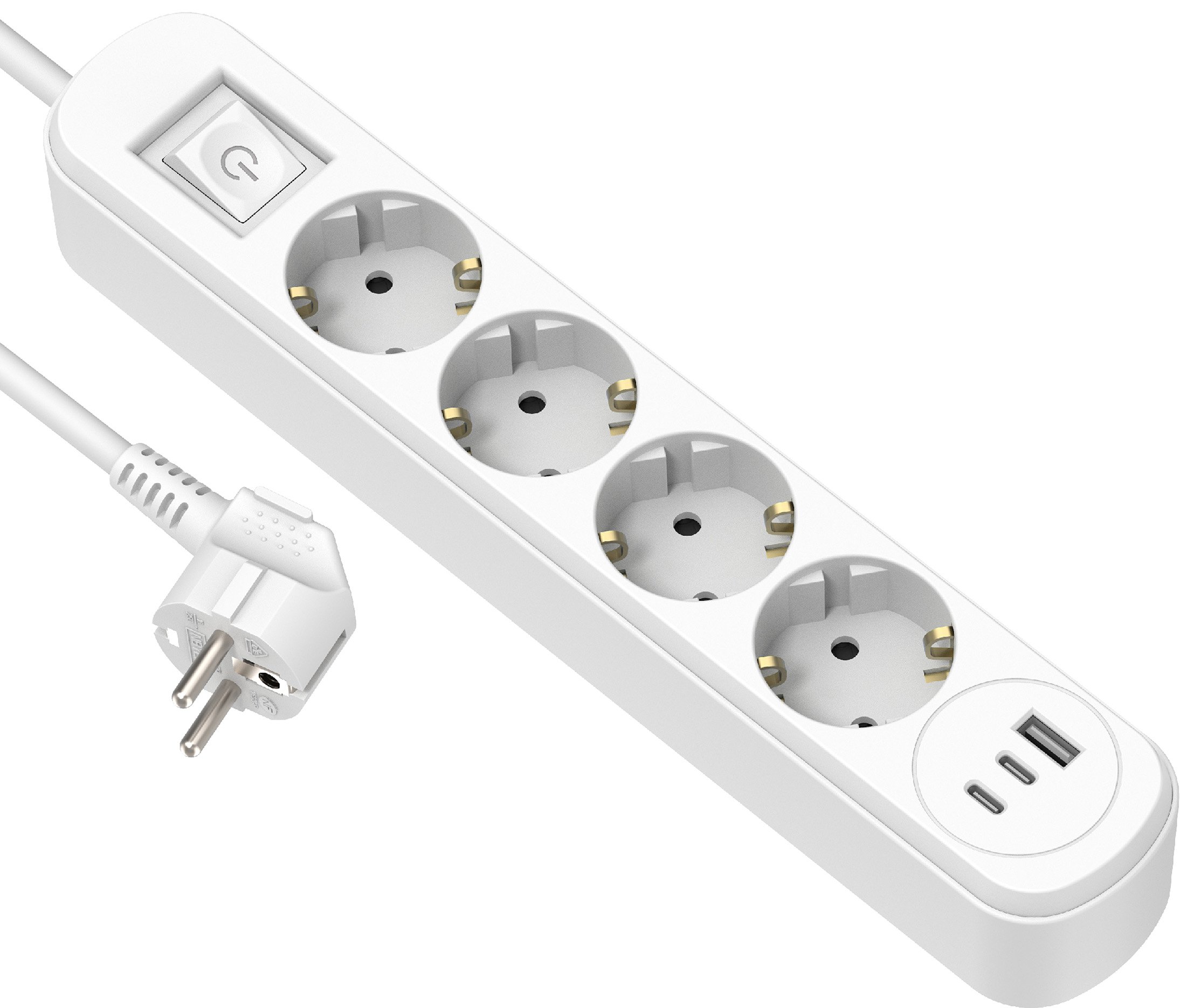 Ilgiklis ELECTRALINE, 4 lizd., 1,5m, su įž., su jungikliu, 3x1, baltos sp., USB-A, 2xUSB-C, 62520