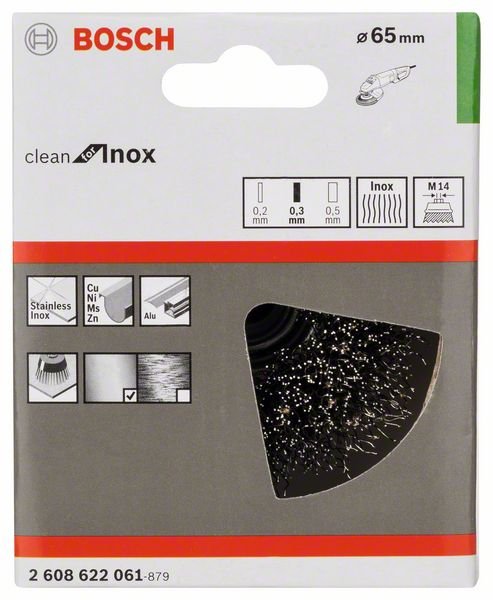 Taurės formos lenktos vielos šepetys BOSCH, iš nerūdijančiojo plieno, 65 mm, 0,3 mm, M14