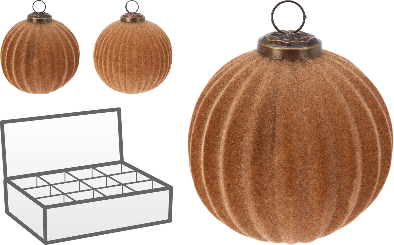 Eglutės žaisliukas, gofruotas, flokuotas stiklas, rusvos sp., skersmuo 10 cm