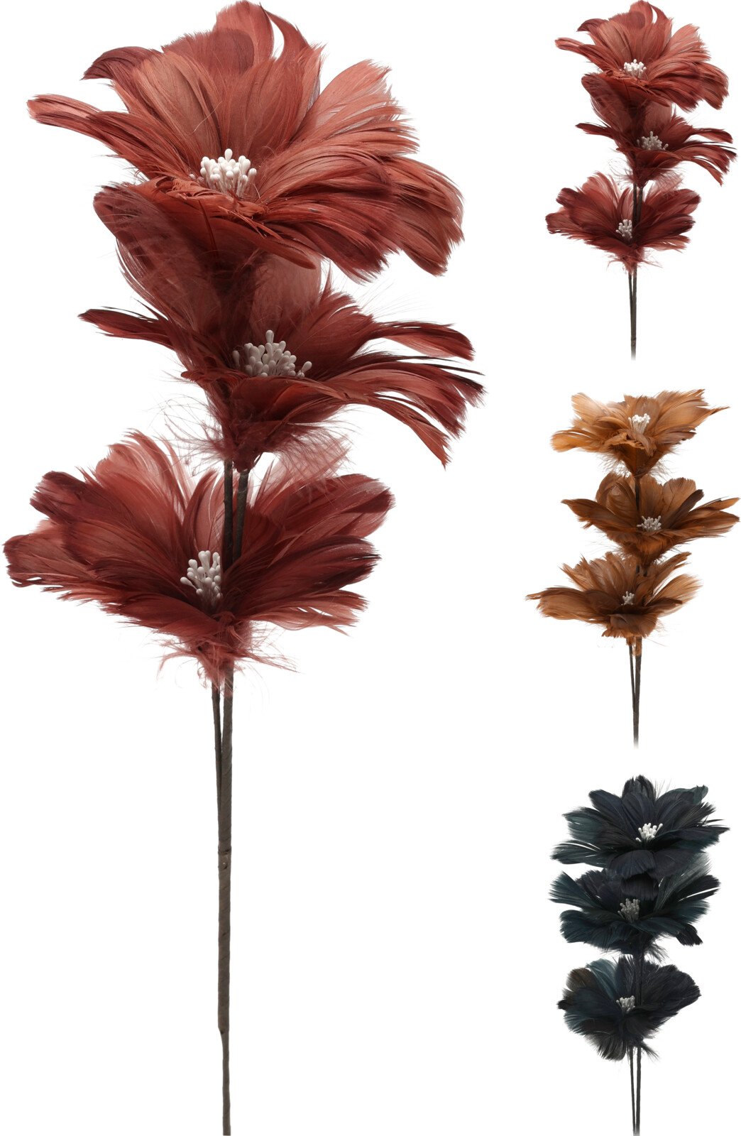 Dirbtinė gėlė iš plunksnų, 3 skirtingi tamsių spalvų dizainai, 65 cm