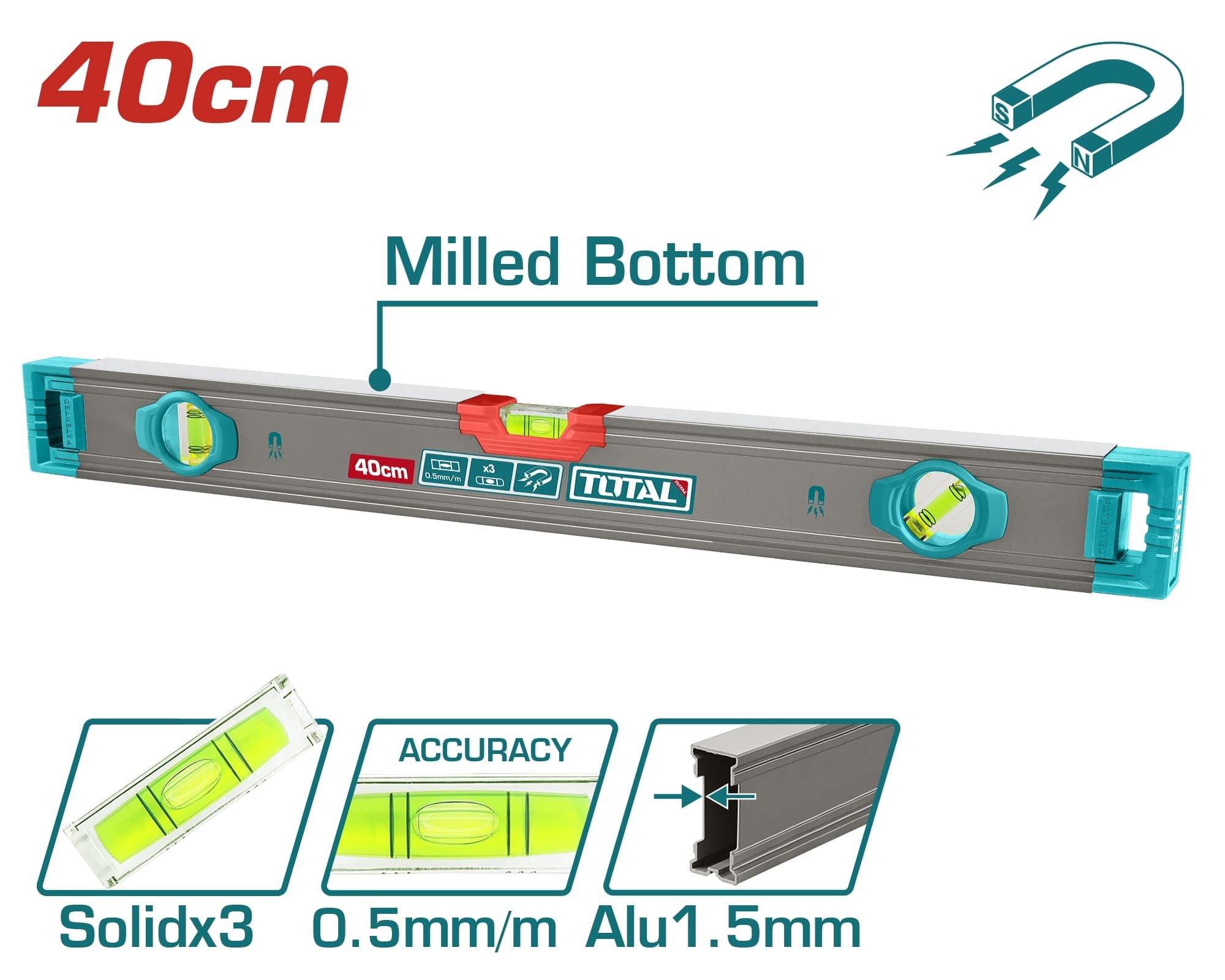 Gulsčiukas TOTAL, magnetinis, 3 akutės, aliumininis korpusas, storis 1,5 mm, 40 cm, TMT24028M