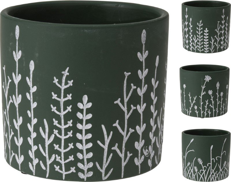 Kambarinis keraminis vazonas, 13,8 x 13,8 x 12,5 cm., žalios sp., trys skirtingi dizainai