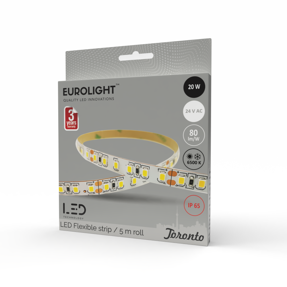 Šviesos diodų juosta EUROLIGHT Toronto, LED 5 m, 20 W / m, IP65, 6500K, 24V, 1600 lm / m, 8mm pločio, S24-20W6-3YIP65