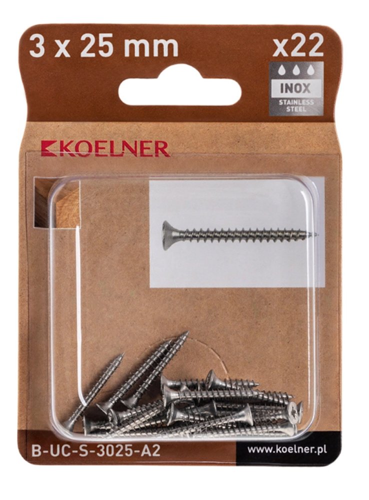 Medsraigčiai KOELNER, 3 x 25 mm, įleidžiama galva, nerūd. plieno A2, 22 vnt., PZ