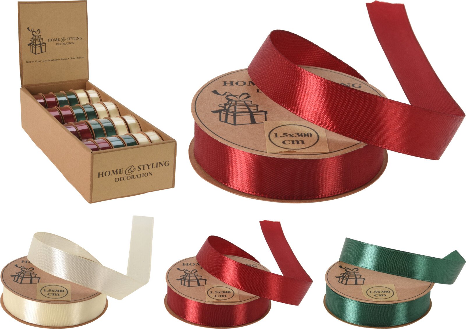 Dekoratyvinė juostelė dovanų pakavimui, kreminės, raudonos ir žalios sp.