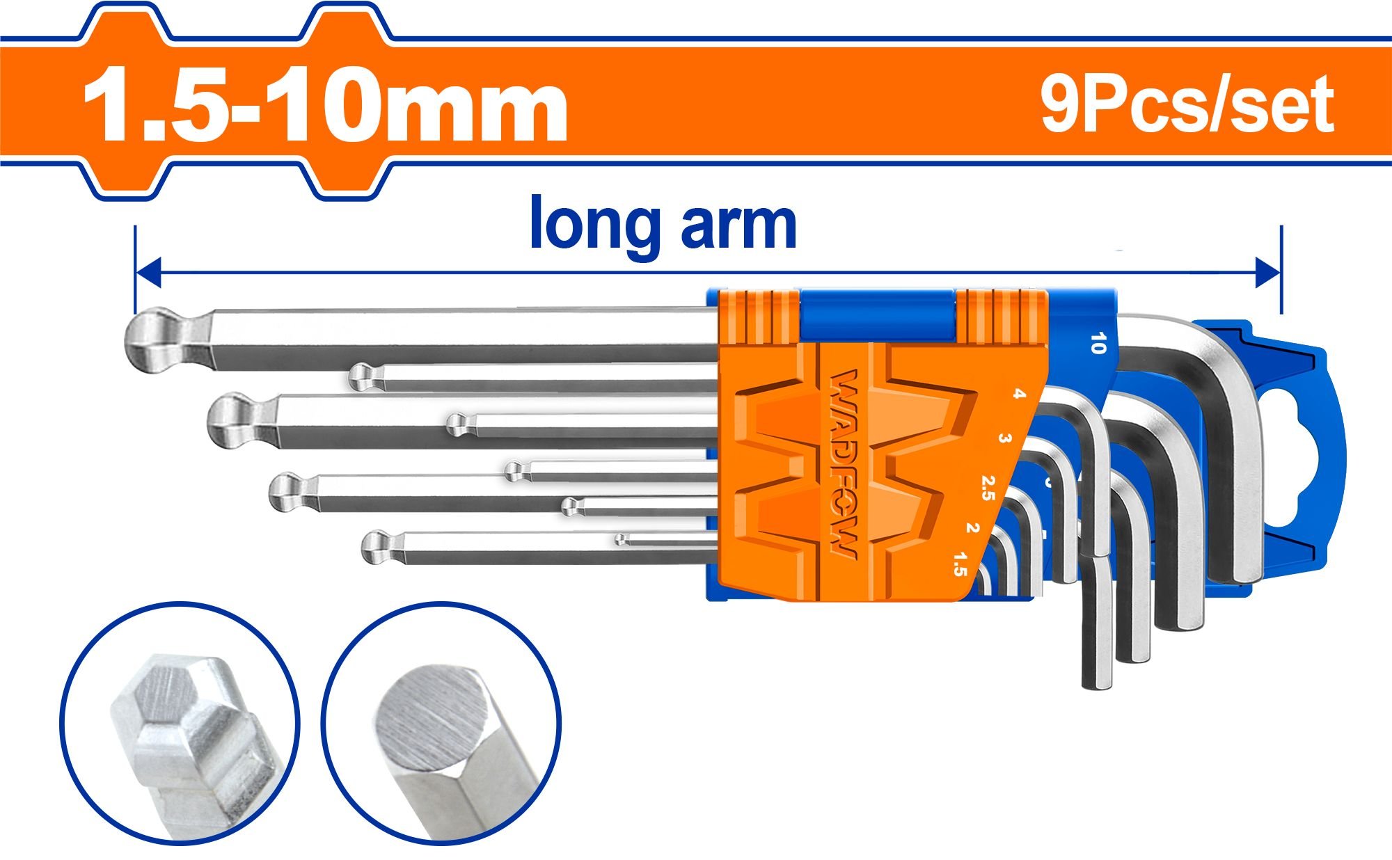 Šešiakampių raktų su rutuline galvute rinkinys WADFOW, Cr-V, 1.5-10 mm, 9 vnt., WHK2291