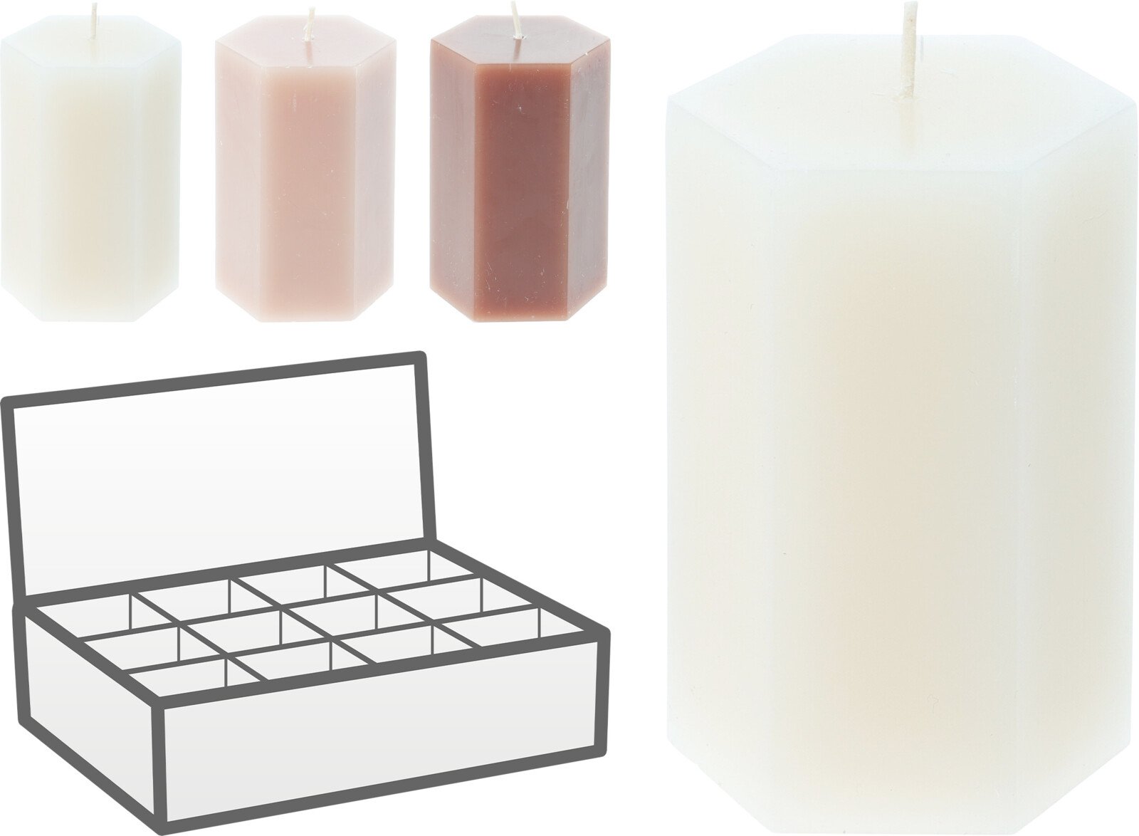Žvakė, šešiakampio formos, 7 x 7 x 10 cm, 3 skirtingos sp.