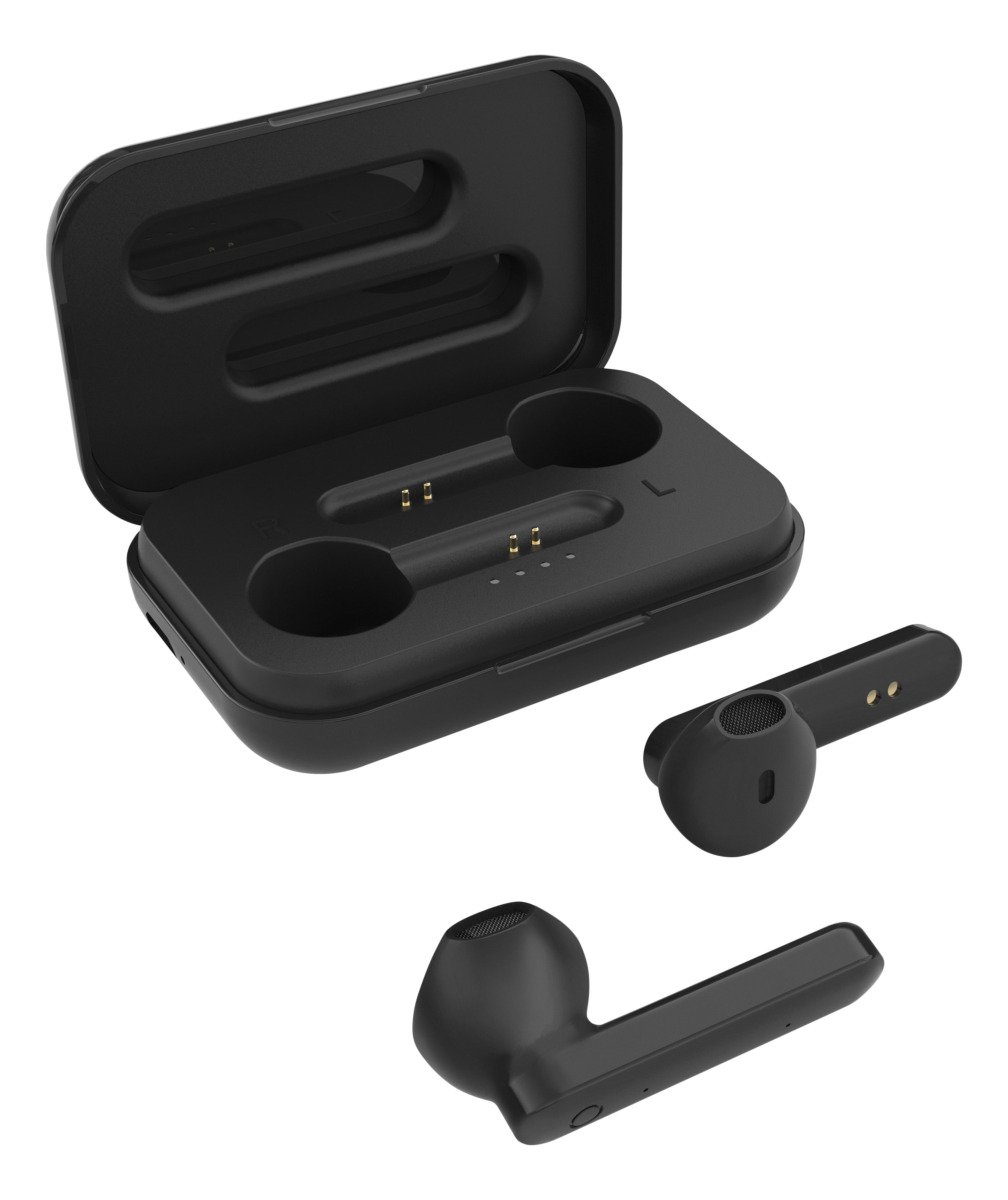 Įkraunamos belaidės ausinės STREETZ TWS-104, Bluetooth 5, įkrovimo dėklas 500 mAh, matinės juodos sp.