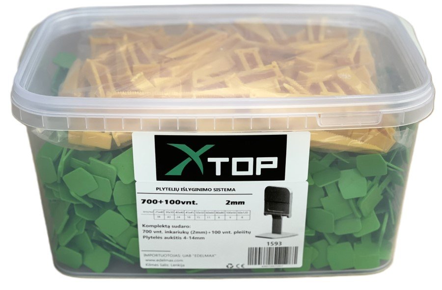 Plytelių išlyginimo sistema XTOP, 2 mm, inkarų 700 vnt, pleištų 100 vnt., pleištų aukštis 5-14mm