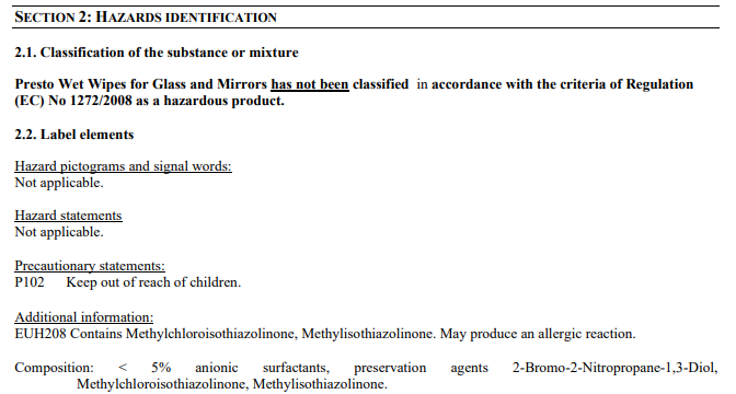 Drėgnos servetėlės stiklų valymui PRESTO 1491, 30 vnt.