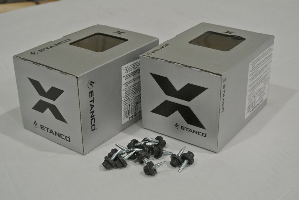 Stoginiai savisriegiai ETANCO, 4,8 x 28 mm, 250 vnt., cinkuoti, su tarpine, tamsiai rudos spalvos RAL8019, (RR32)