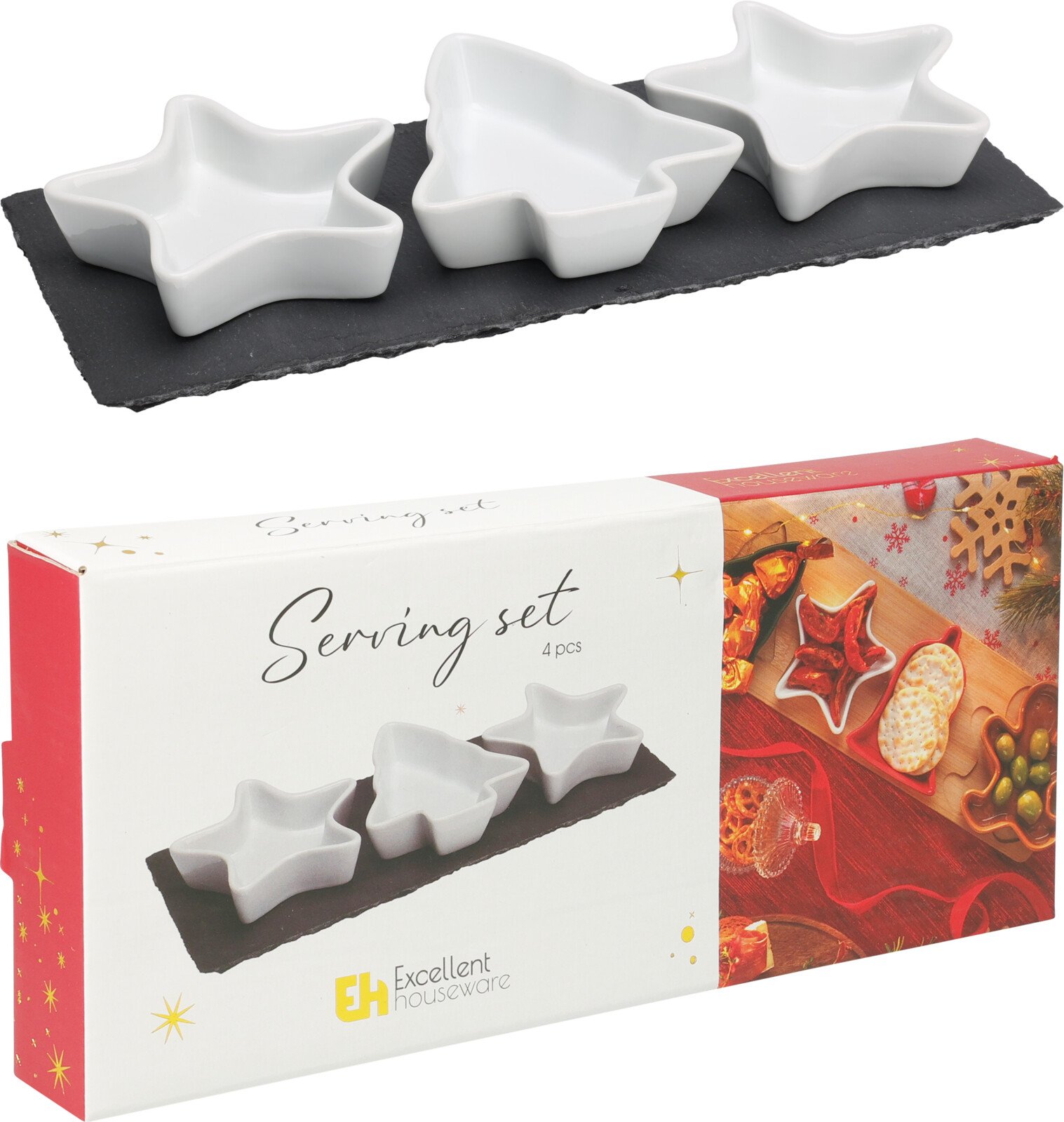 Kalėdinis serviravimo rinkinys, 3 balti porcelianiniai užkandžių dubenėliai ant  medinio padėklo