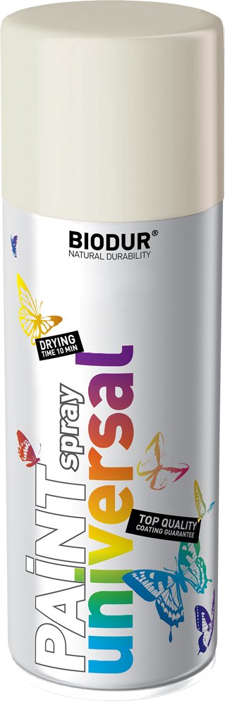 Aerozolinė emalė BIODUR Universal, balta matinė (RAL9010), 400 ml