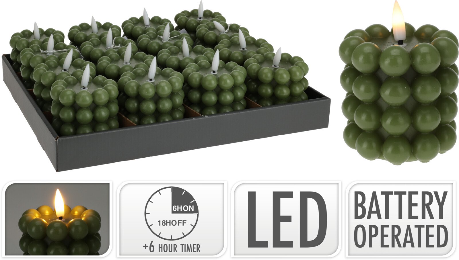 Žvakė su LED, žalios sp., 7,5 x 7,5 cm